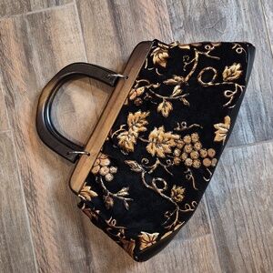 Vintage Black & Gold Grape Leaves Beaded Handbag w/ Wooden Handles